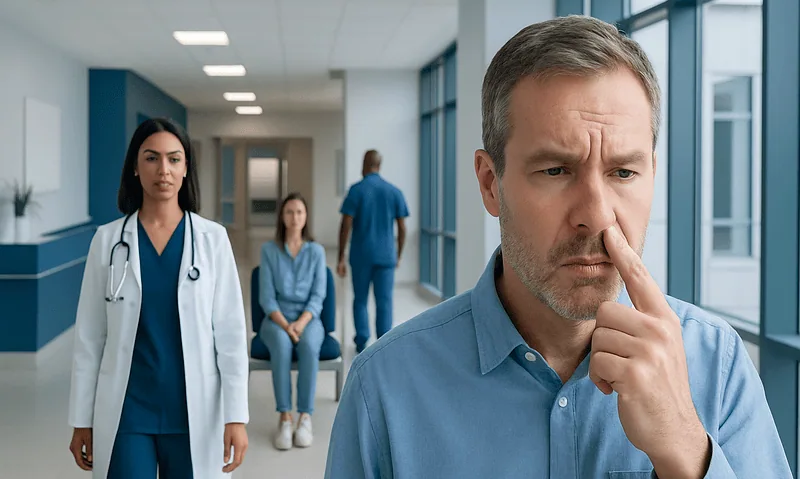 Man contemplating nose health in hospital corridor with medical staff.