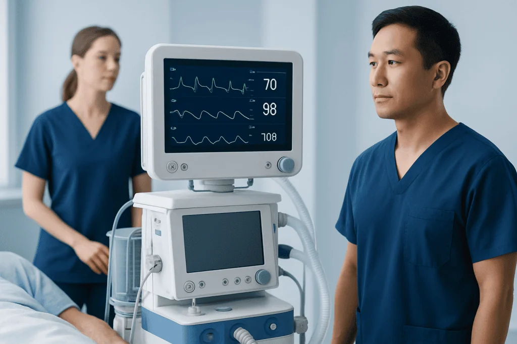 Medical professionals monitoring patient vital signs with a ventilator in a hospital.