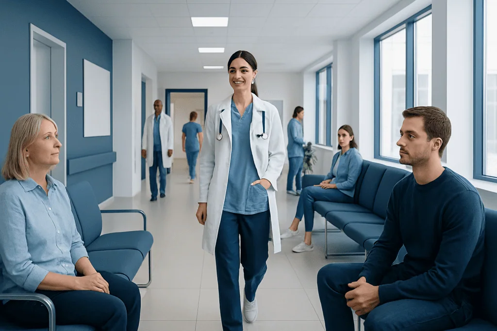 Octocrylene: An Evidence-Based Guide for Patients 1 Healthcare professionals and patients in a modern hospital corridor.