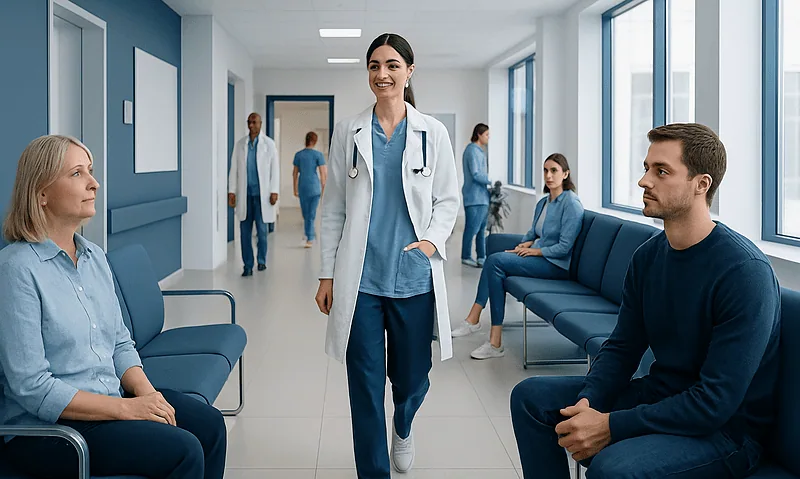 Octocrylene: An Evidence-Based Guide for Patients 5 Healthcare professionals and patients in a modern hospital corridor.