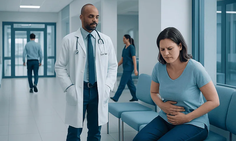 Doctor consulting a woman with stomach pain in hospital corridor.