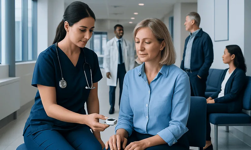 Nurse measuring oxygen saturation of a patient in a hospital setting.