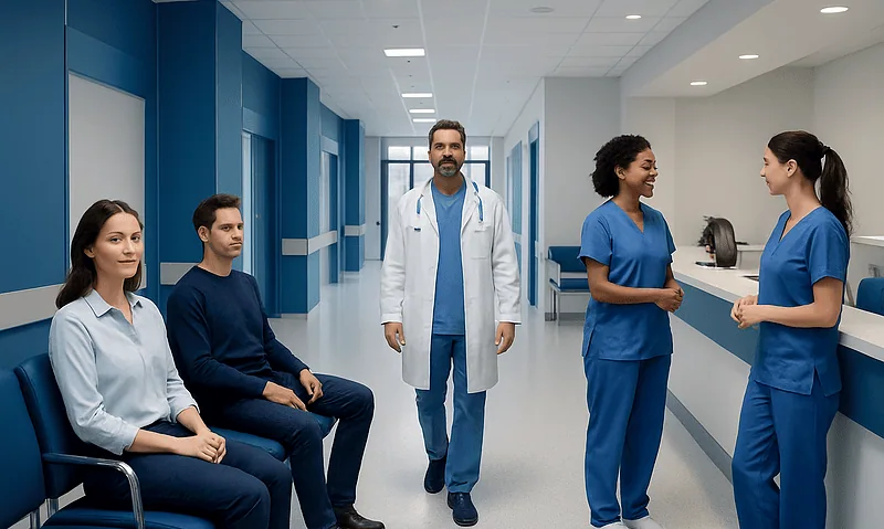 Hospital corridor with medical staff and patients at Acibadem Hospitals Group.