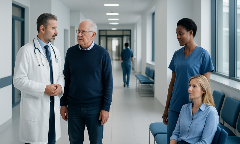 Doctors and nurse discussing patient care in hospital corridor.
