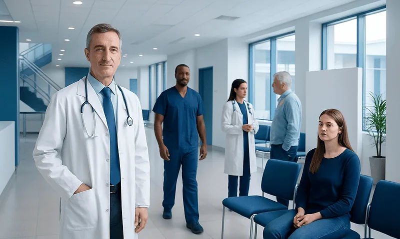 Medical team in hospital corridor with patient waiting area.