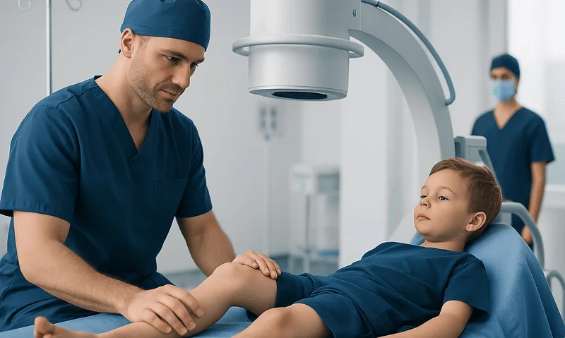 Pediatric orthopedic surgeon examining child's knee in hospital.