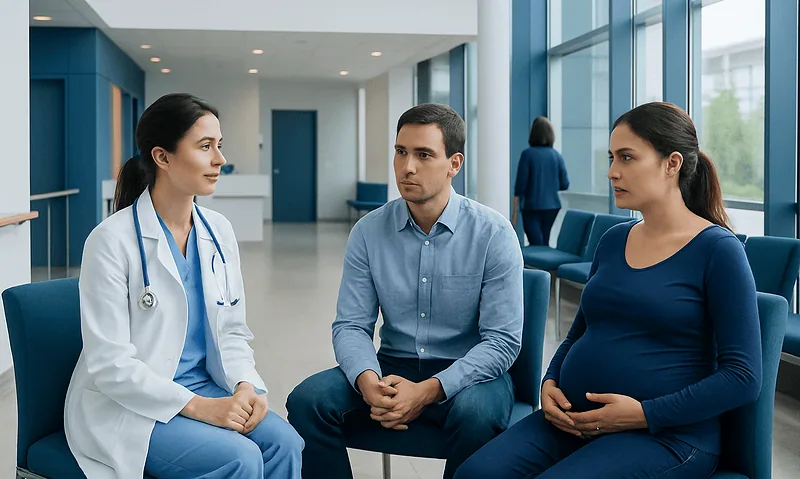 Doctor consulting with pregnant woman and partner in hospital lobby.