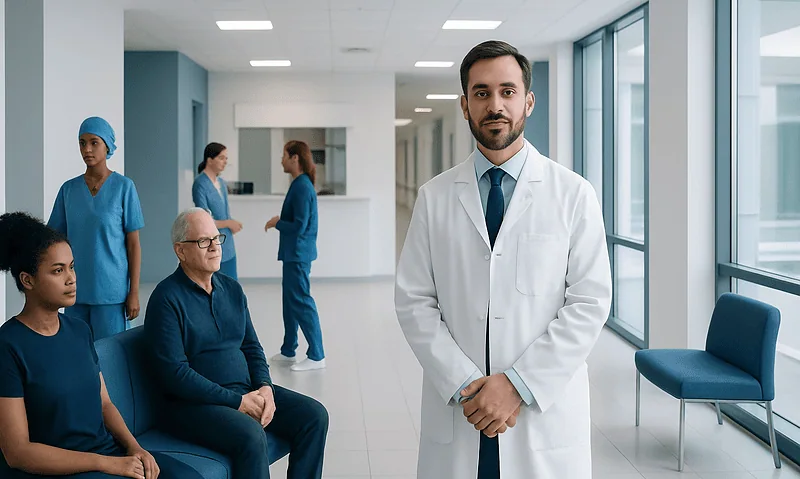 Medical team in hospital corridor with doctor and patients at Acibadem Hospitals Group.