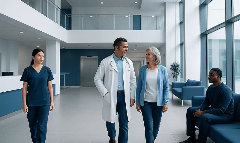 Medical team and patient in modern hospital lobby with large windows.