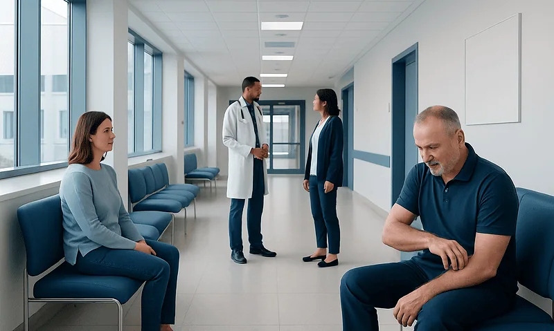 Patients waiting and doctor consulting in a modern hospital corridor.