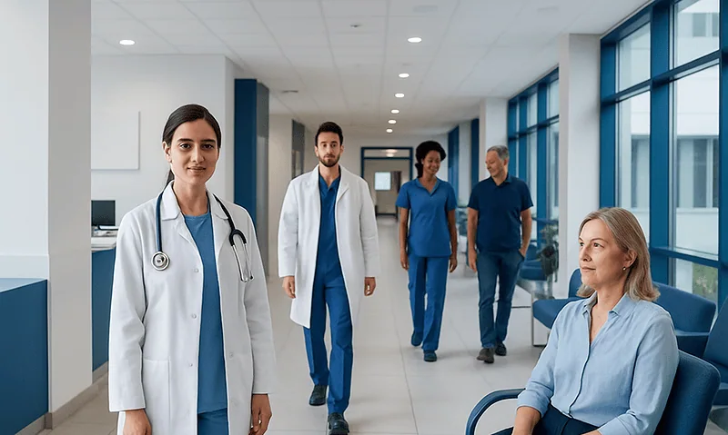 Medical team in hospital corridor with patient in waiting area.