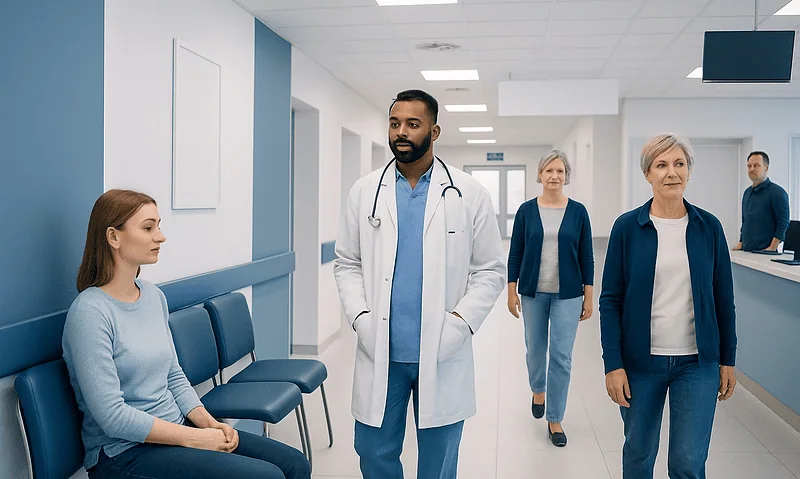 Medical consultation in a modern hospital with a doctor and patients.
