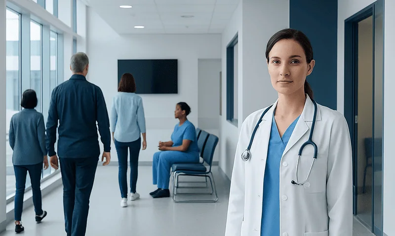 Female doctor in hospital corridor with patients and staff in background.