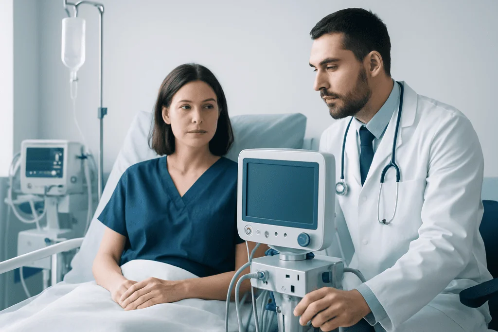 Doctor consulting with patient in hospital room with medical equipment.