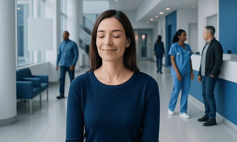 Calm young woman in hospital corridor with healthcare staff in background.