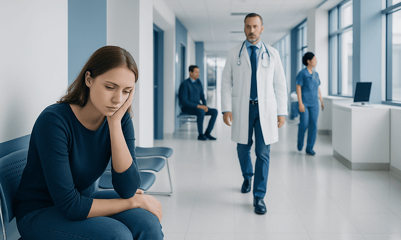 Young woman feeling distressed in hospital corridor with medical staff nearby.