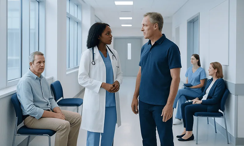 Doctor consulting with a patient in a hospital corridor.