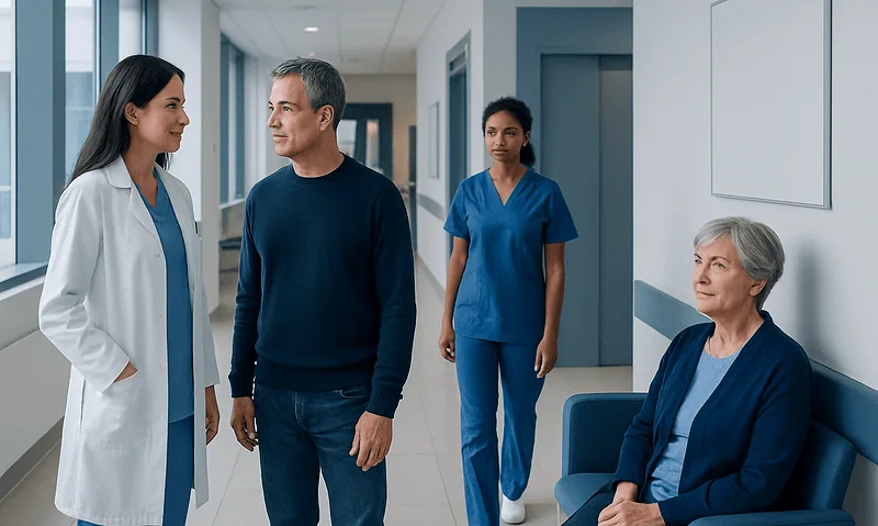Medical team consulting with patient in hospital corridor.