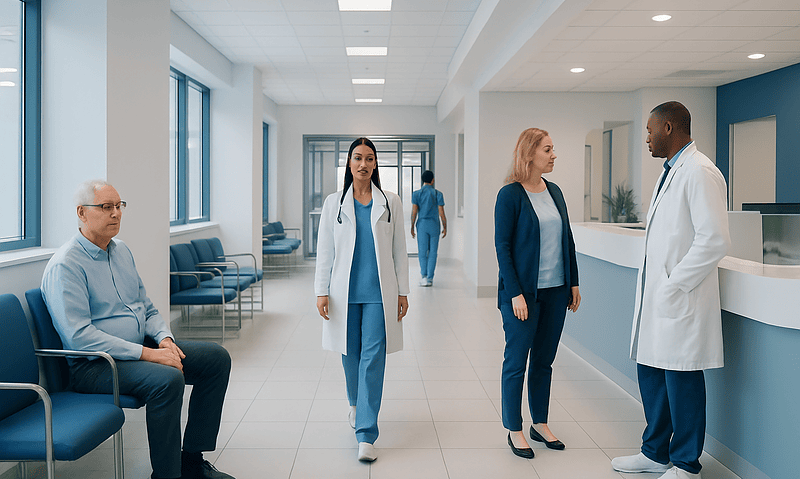 Medical staff and patient in hospital corridor at Acibadem Hospitals Group.