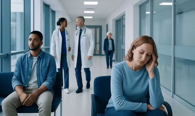 Patients waiting in a hospital corridor with medical staff in the background.