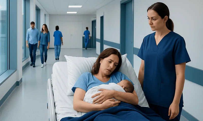 New mother with newborn in hospital room, healthcare staff nearby.