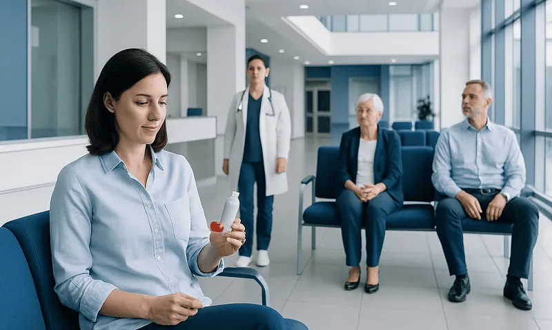 Pulmicort Inhaler: What Patients Need to Know 13 Patient holding inhaler in a hospital waiting area with medical staff and visitors.