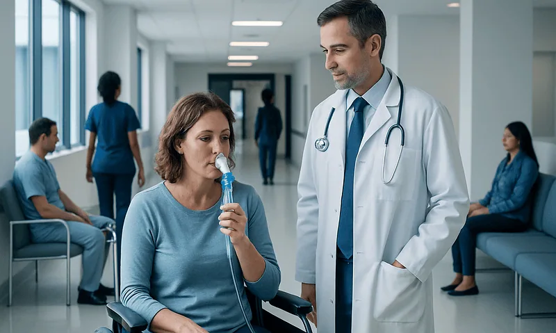 Doctor consulting with patient using oxygen mask in hospital corridor.