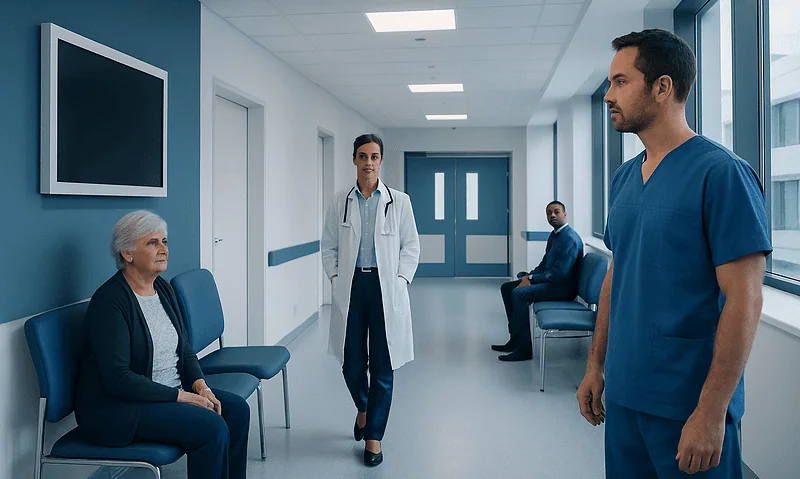 Medical team consulting with elderly patient in hospital corridor.