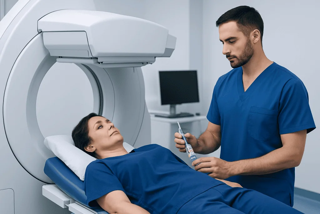 Medical professional prepares patient for imaging scan at Acibadem Hospital.