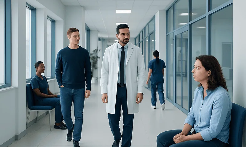 Medical team consulting patient in hospital corridor at Acibadem Hospitals Group.
