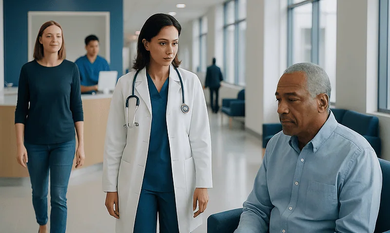 Medical consultation in hospital with doctor and patient in waiting area.