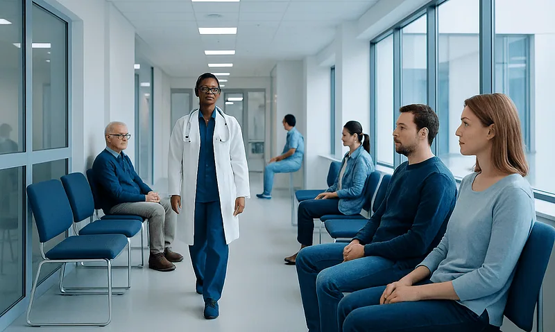 Medical consultation in a modern hospital corridor with diverse patients and staff.