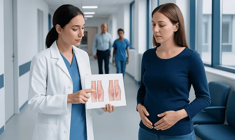 Doctor explaining rectus diastasis to patient in hospital corridor.