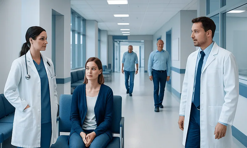Medical team consulting in hospital corridor with patient and doctors.