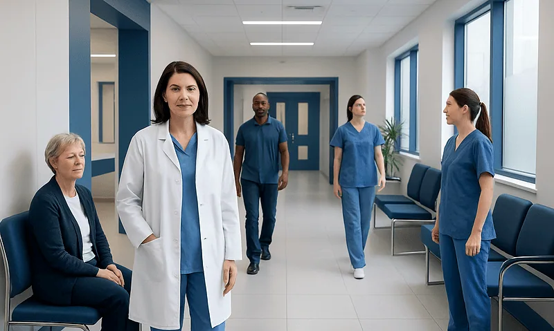 Health Library 10 Medical team in hospital corridor with doctors and nurses in scrubs and white coat.