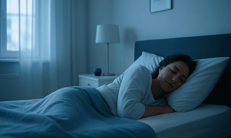 Woman sleeping peacefully in a modern bedroom with blue tones.