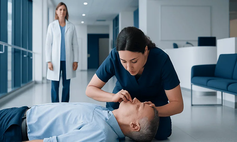 Medical professional performing rescue breathing on patient in hospital corridor.