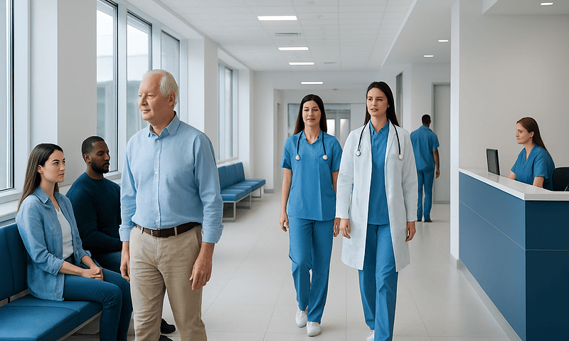 Medical staff and patient in a modern hospital corridor.