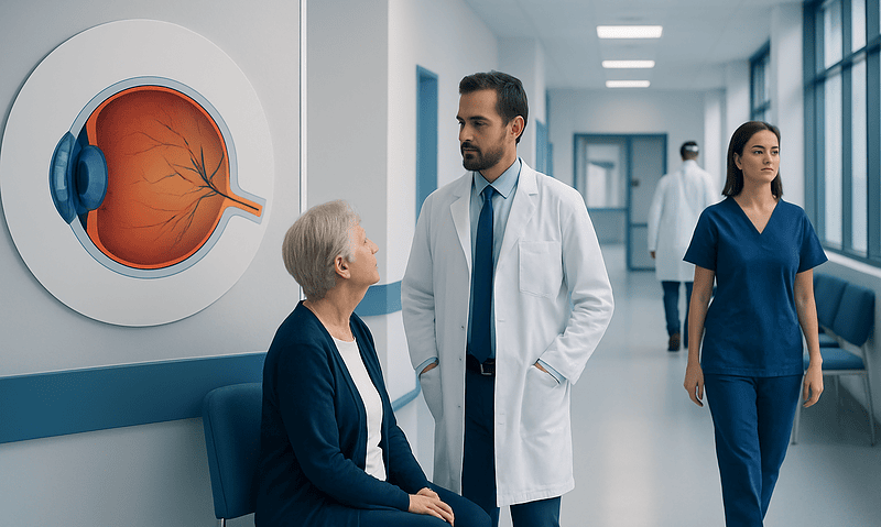 Ophthalmology consultation at Acibadem Hospital with eye diagram.