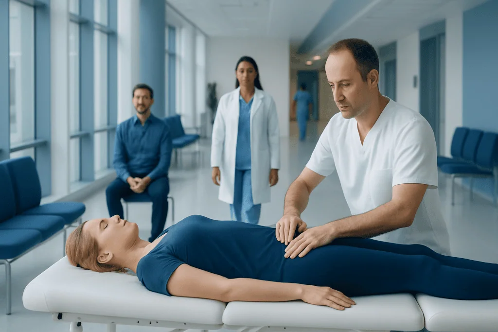 Rolfing Massage: What Patients Need to Know 1 Doctor performing Rolfing massage therapy on patient in hospital corridor.