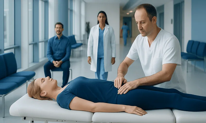Doctor performing Rolfing massage therapy on patient in hospital corridor.