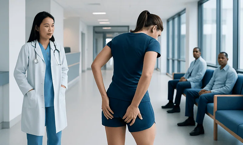 Woman experiencing lower back pain in a hospital corridor.
