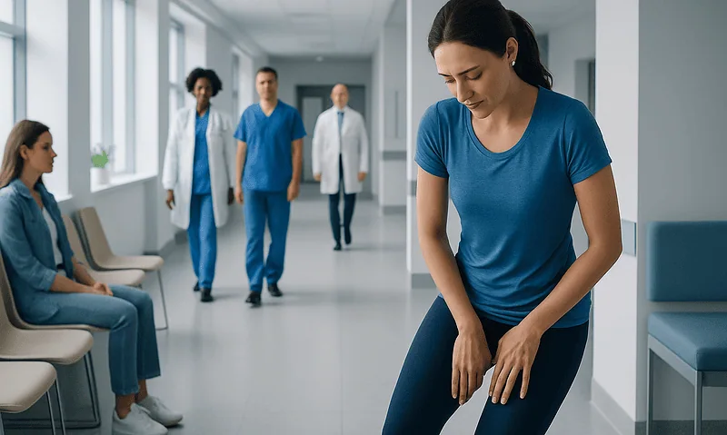 Woman experiencing discomfort in a hospital corridor with medical staff nearby.