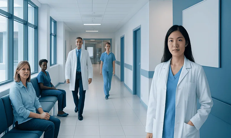 Medical team in hospital corridor with doctor and nurses.