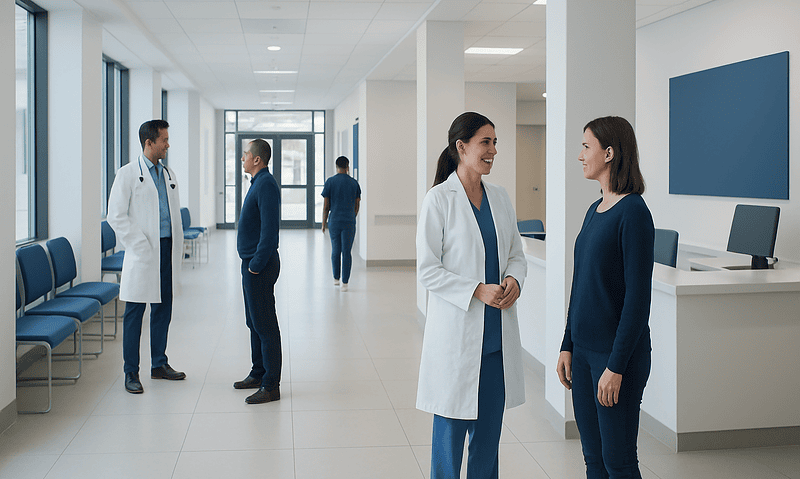 Healthcare professionals and patients in a modern hospital corridor.