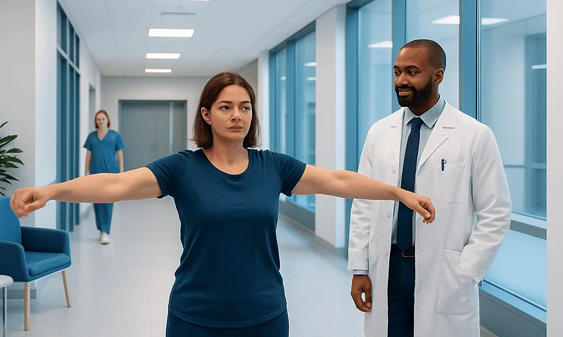 Patient undergoing physical therapy with healthcare professional in hospital corridor.