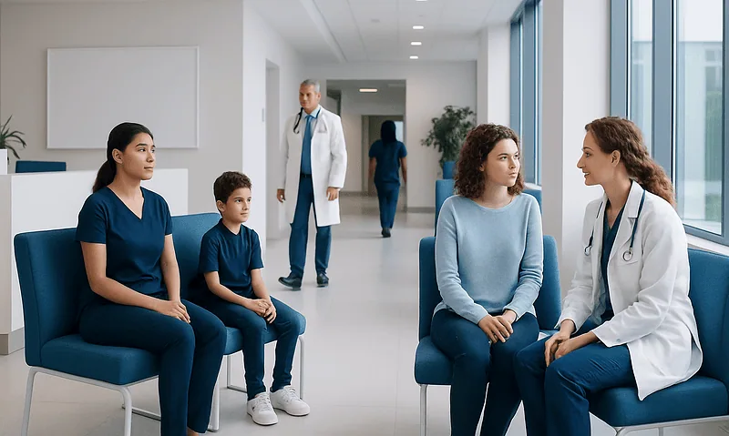 Medical consultation in hospital with doctors and children.