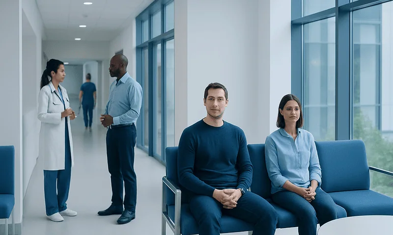 Patients waiting in a hospital corridor at Acibadem Hospitals Group.