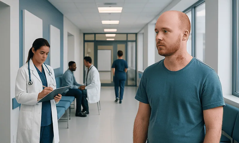 Patient waiting in hospital corridor with medical staff nearby.