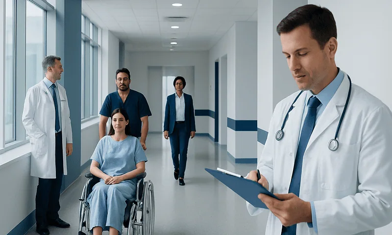 Medical team with patient in hospital corridor, doctor reviewing notes.